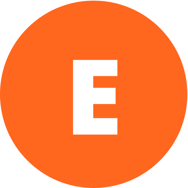 The letter "E" orange background, white text