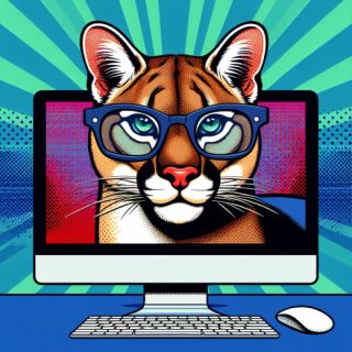Charlie Cougar CCCC mascot wearing glasses popping out of a computer