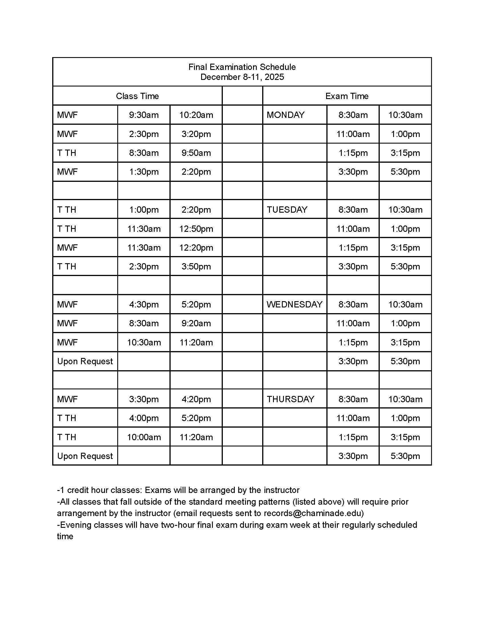 Fall Final Exam Schedule | Chaminade University - PROD [Integrated] Catalog