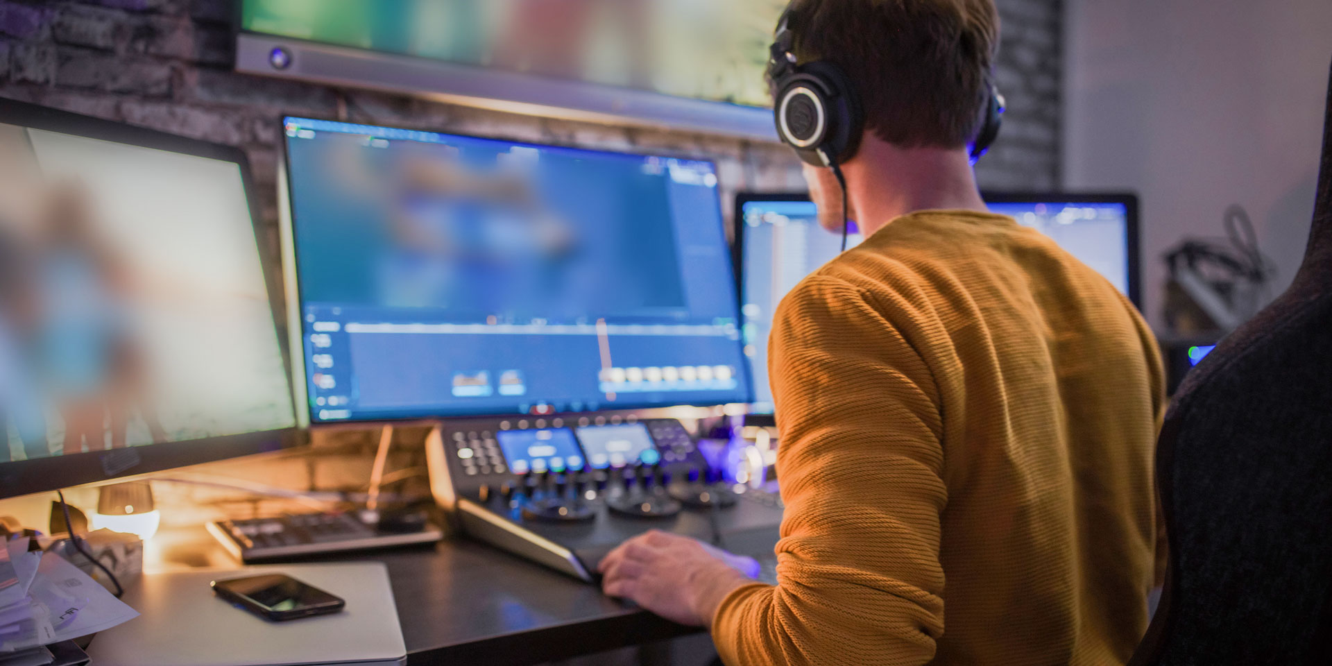 Man working on digital A/V production and editing on computer