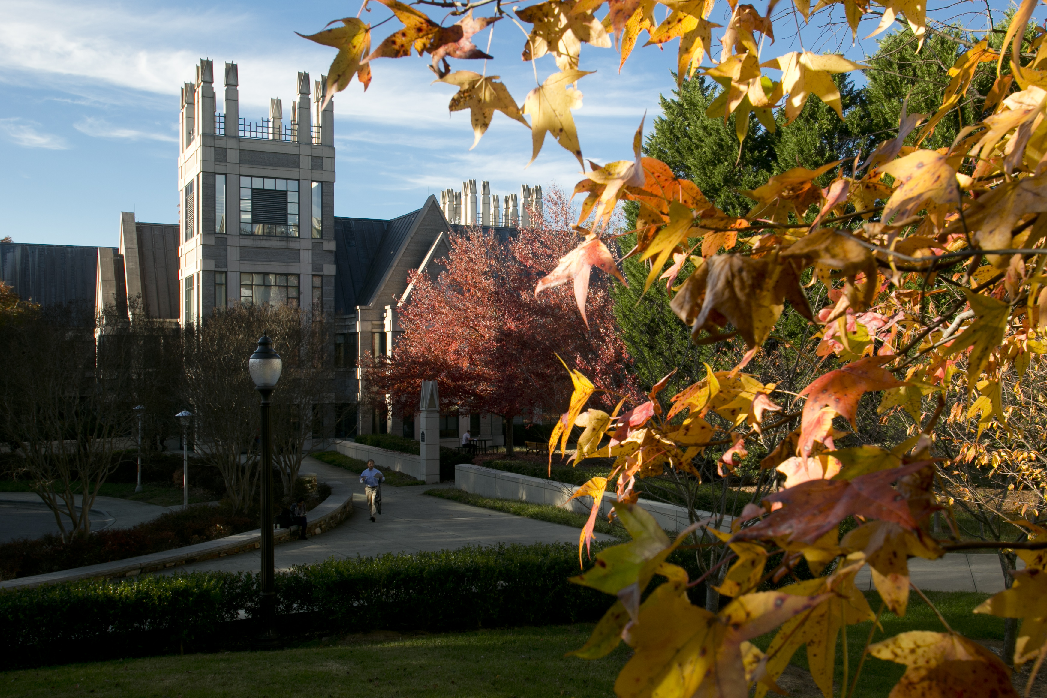 Views of the Sanford School of Public Policy with fall foliage