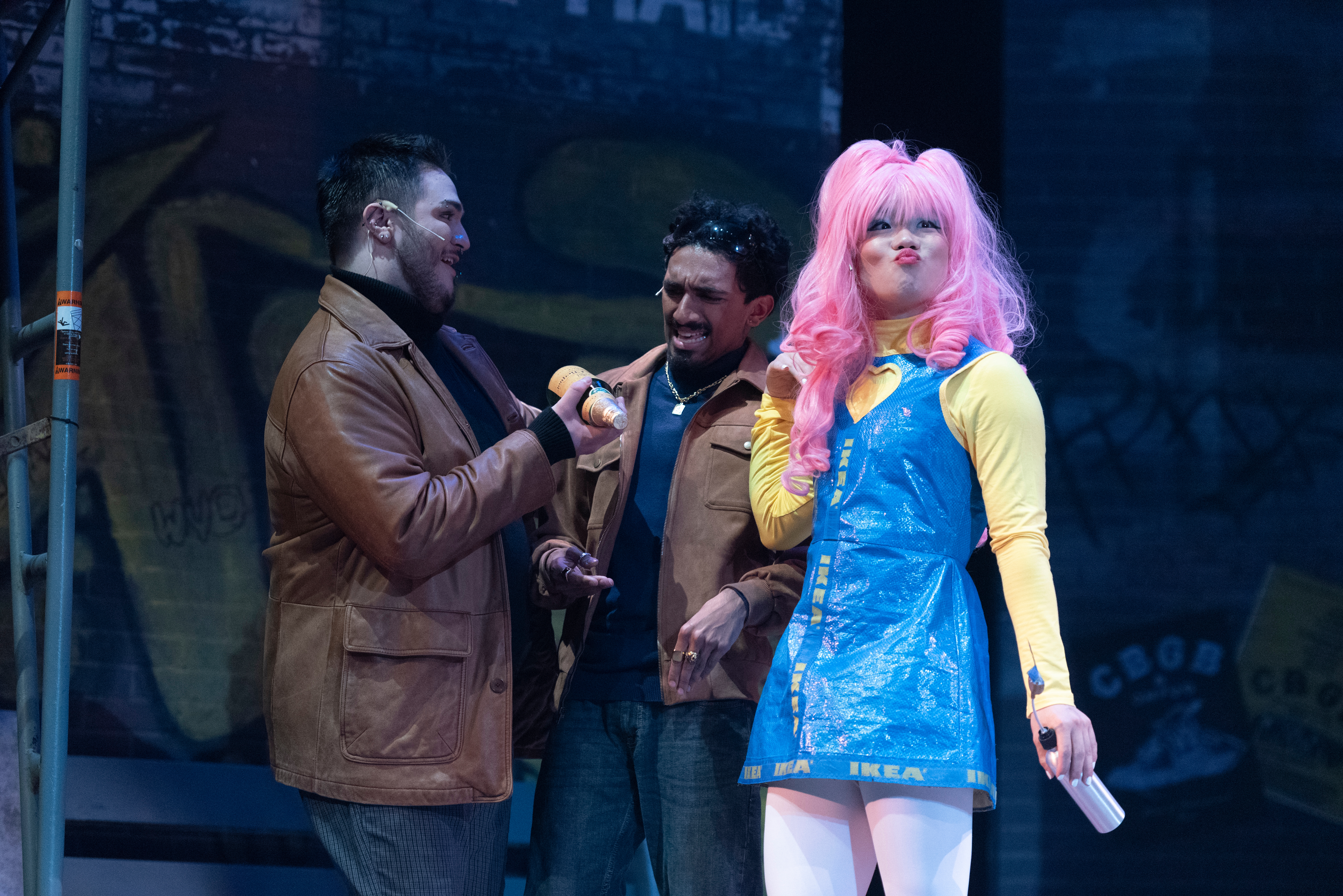 Students participate in a Theater Studies Mainstage production of the rock opera musical "Rent" by Jonathan Larsson, directed by Professor Chauntee' Schuler Irving, in the Reynolds Industries Theater, Bryan Center, Duke University, April 2023.