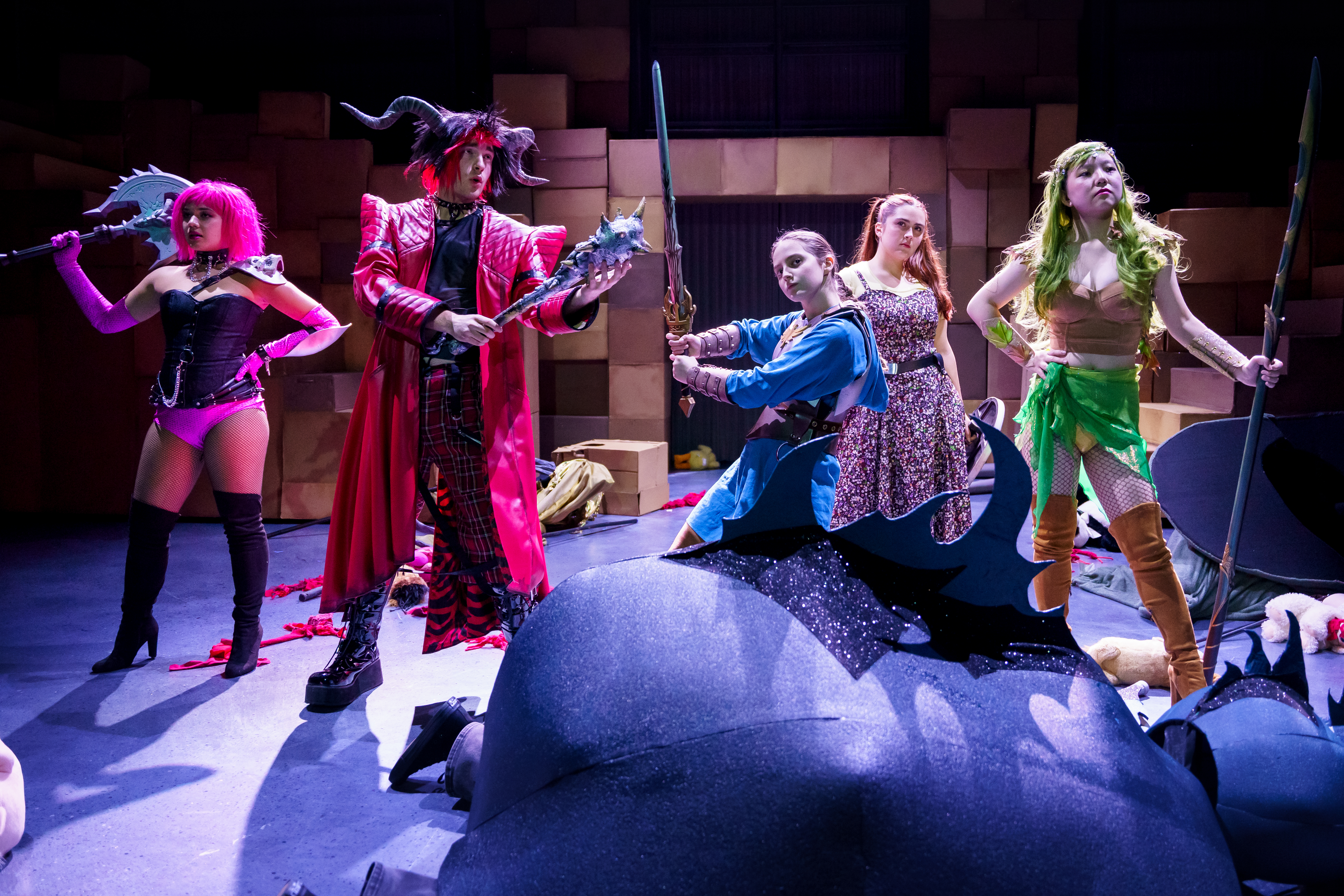 Theater Studies students in character as fantasy alter-egos in Duke University Department of Theater Studies Mainstage production of "She Kills Monsters" by Qui Nguyen, directed by Professor Jeff Storer, in the von der Heyden Studio Theater, Rubenstein Arts Center, November 2022.