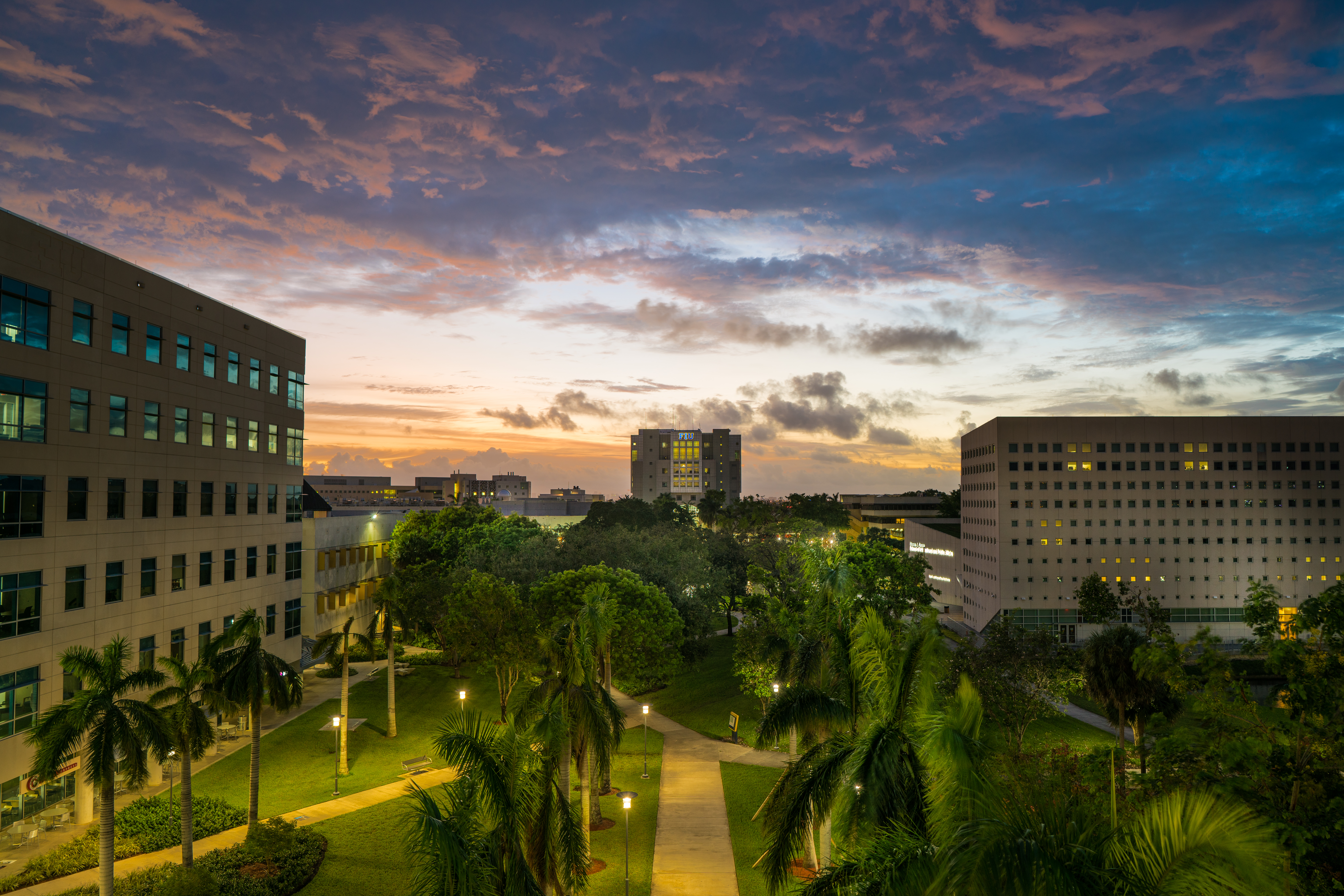Aerial view of campus during dusk hours with the Green Library at it's center