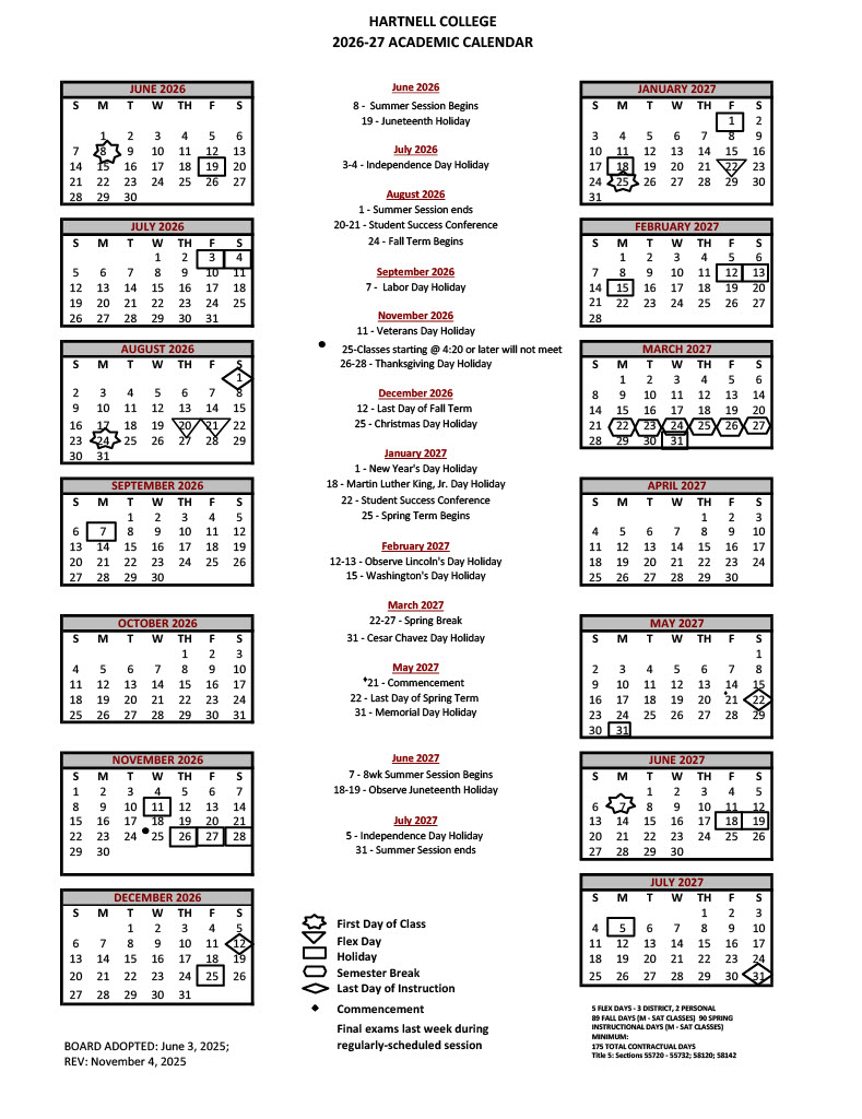 Hartnell College Academic Calendar 2026-2027