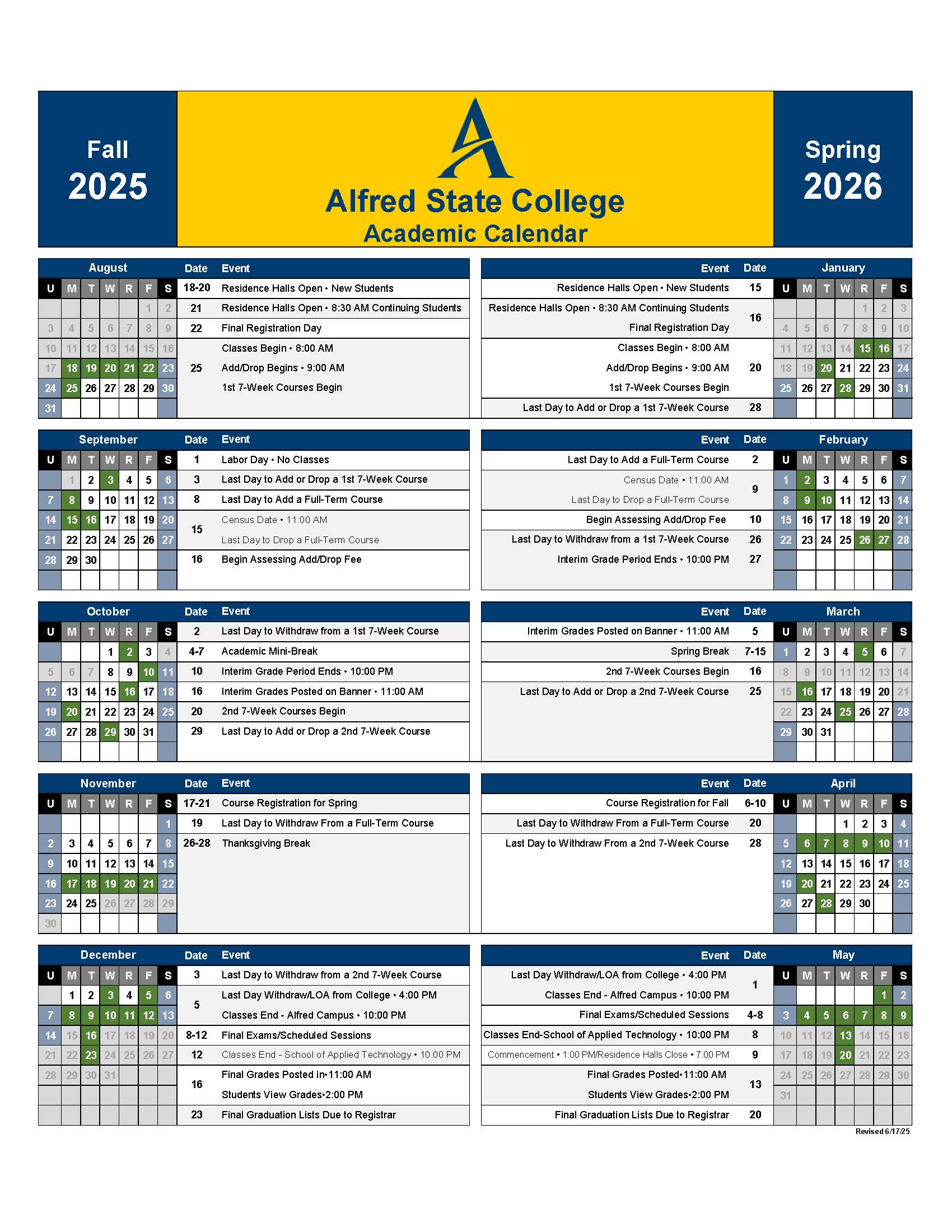 Academic Calendar for Alfred State College; pdf is linked under it for download