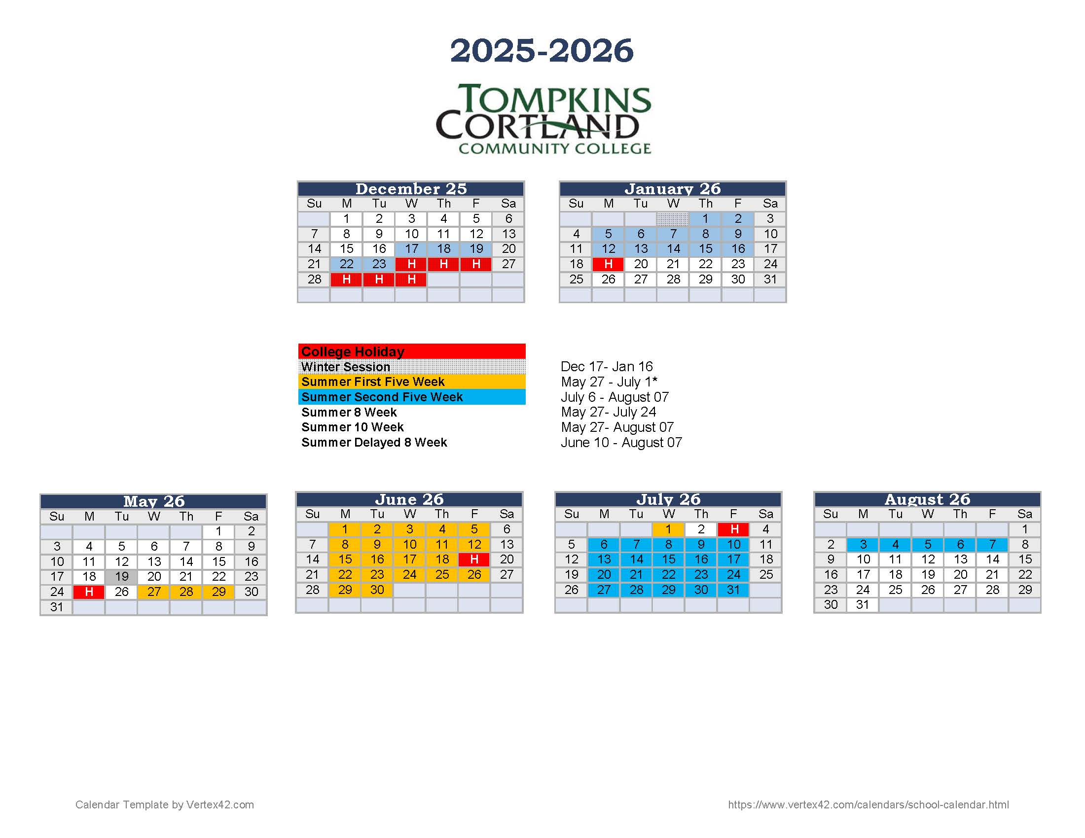 A month-by-month calendar of the winter and summer session academic dates