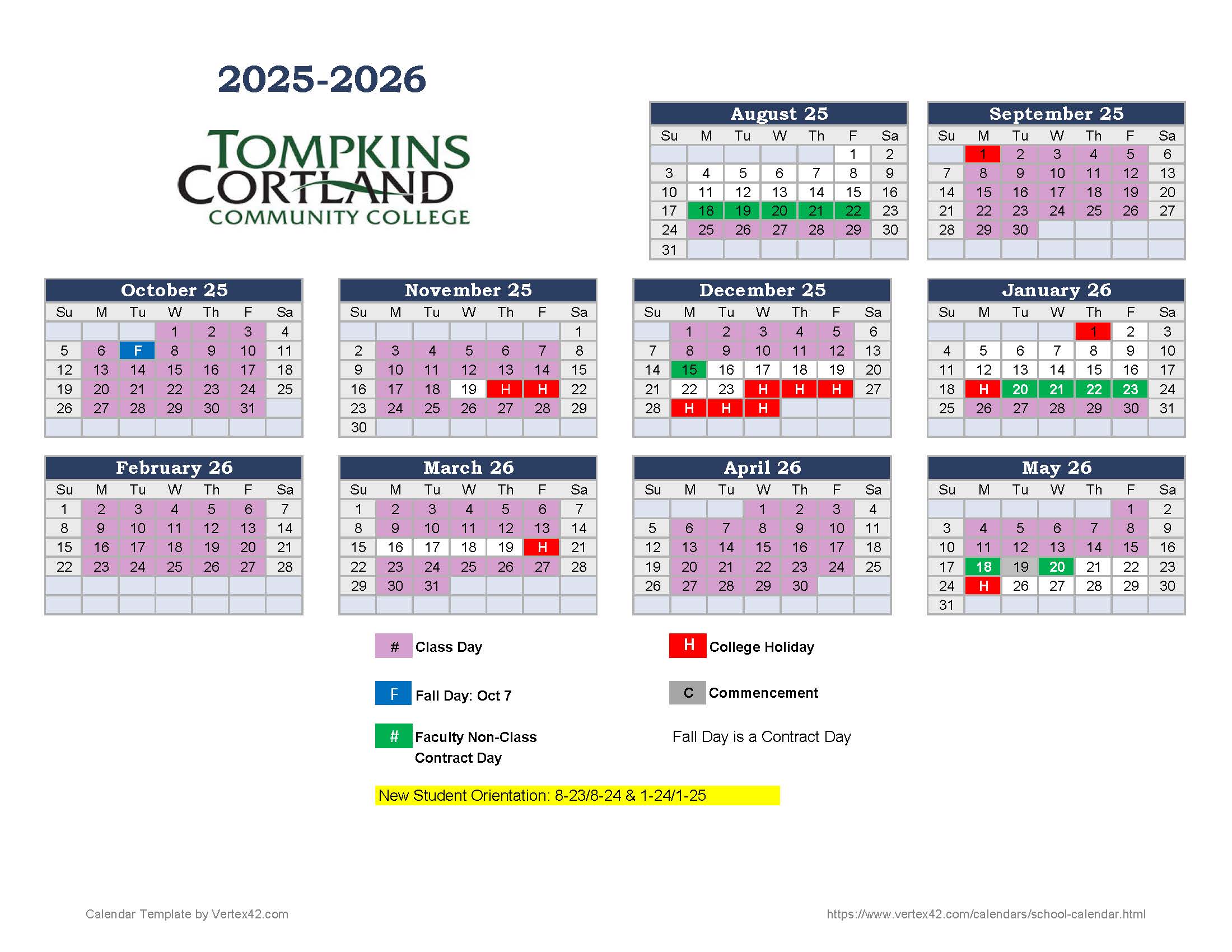 A month-by-month calendar of class days, holidays, and campus closings