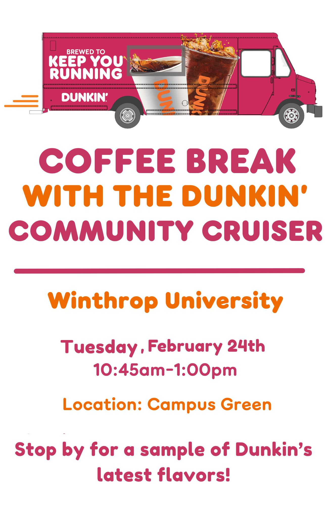 Image of Dunkin' Donut Cruiser on Campus Green with free samples and coupons