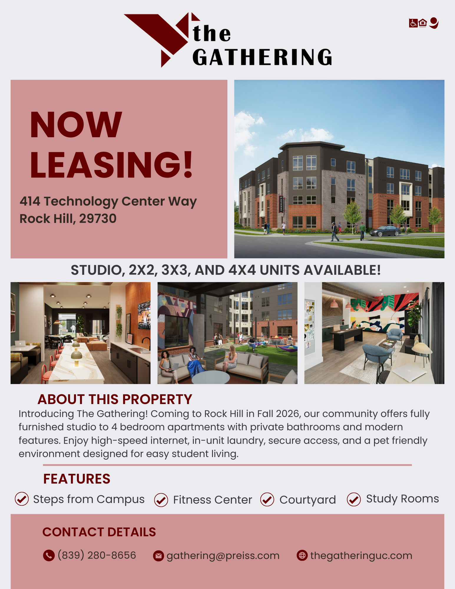 Image of The Gathering Apartments "Now Leasing" tabling in the Digs Lobby.